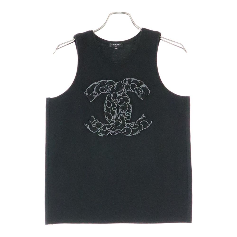CHANEL シャネル ココマーク フリル ウール クルーネック ノースリーブ タンクトップ カットソー ブラウン レディース P64484V21533