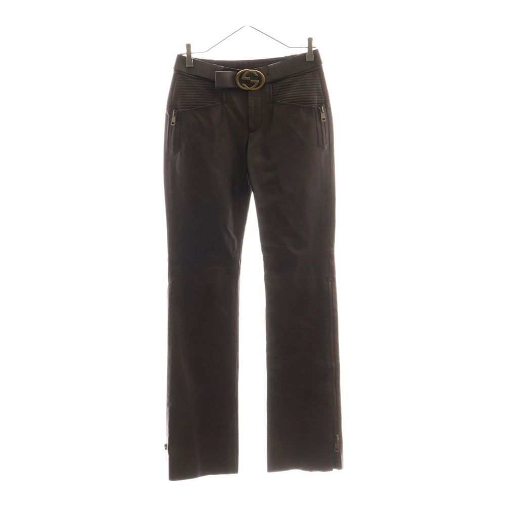 GUCCI グッチ インターロッキングG ベルト付き サイドジップ カウレザー ストレート パンツ ゴールド金具 ブラウン 119758