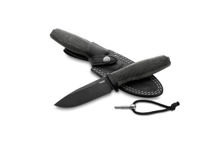 - M390 Black Blade Acha Burlap LionSteel | ハンドル ライオンスチール Fixed Leather Sheath ナイフ アチャ オリーブウッド
