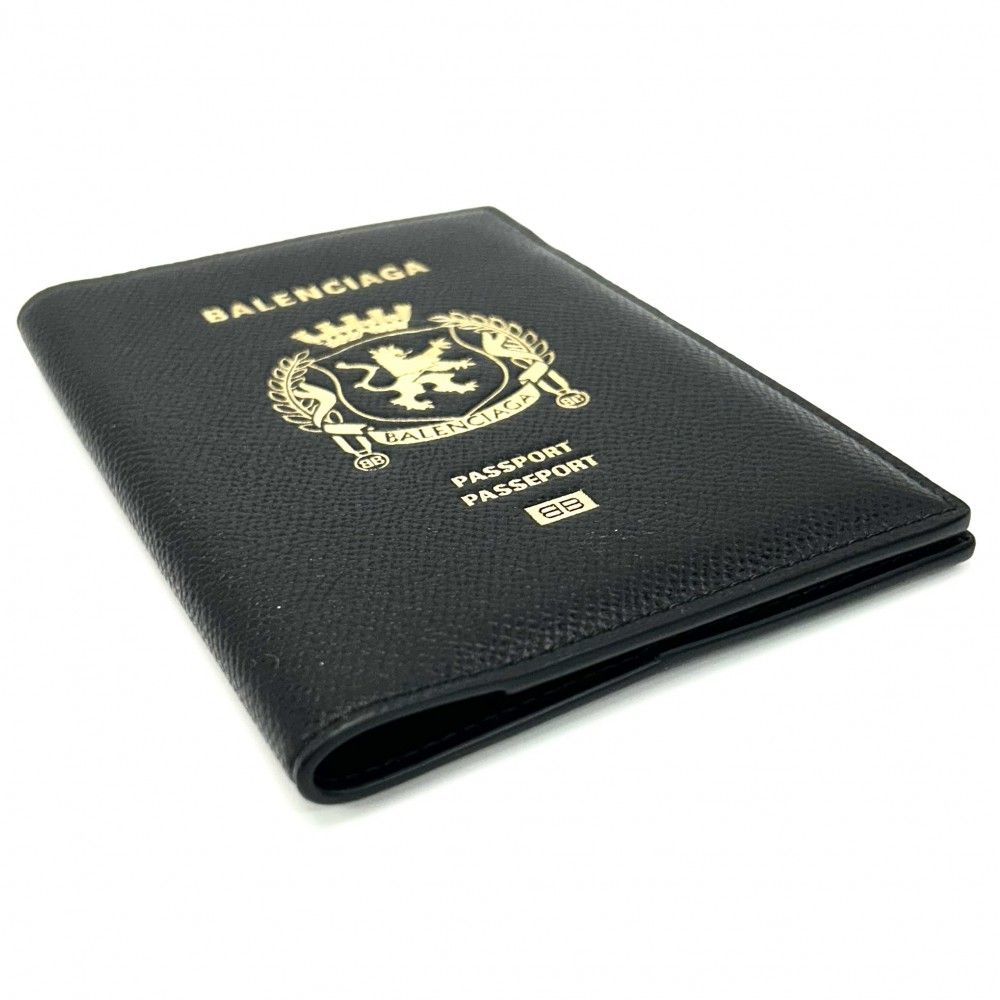  バレンシアガ パスポートケース ユニセックス ロゴプリント カードケース 787742 レザー ブラック 黒 ゴールド 品 手帳 小物