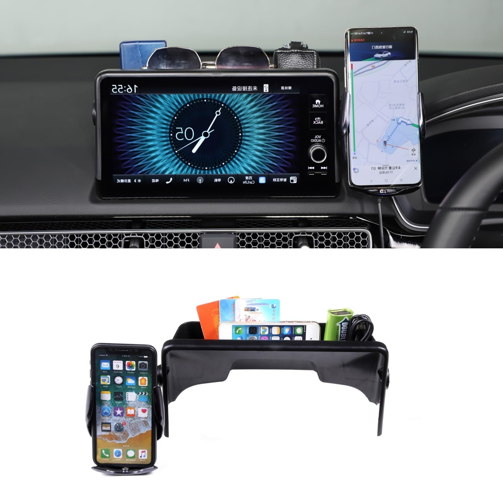 ホンダ シビック に対応 車用 携帯ホルダー スマホホルダー 収納トレイ 収納ボックススマホホルダー21 ナビゲーション収納ボックス スインサートトレイ 電話トレイ カー用品 小物入れ 内装パーツ ワイヤレス充電タイプ