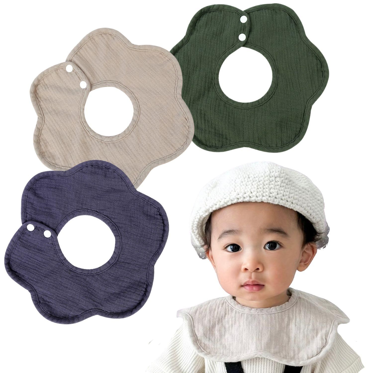 新品 [Ella.] 360 防水スタイ よだれかけシンプル おしゃれ ４枚セット ベビー 赤ちゃん コットン 綿 防水シート 花形 くるくる 染みない スナップボタンスタイ かわいい 綿100% ベビービブ 男の