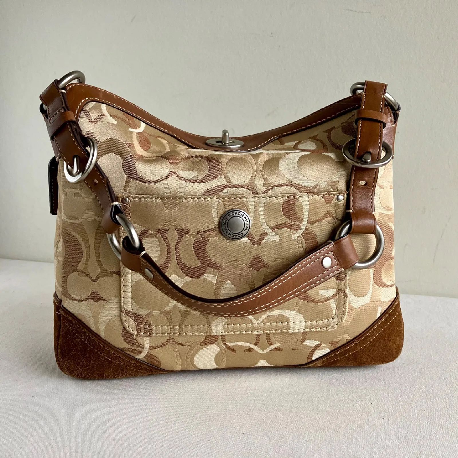 Coach y2k Chelsea Optic Signature Brown Suede Turnlock Hobo Bag 