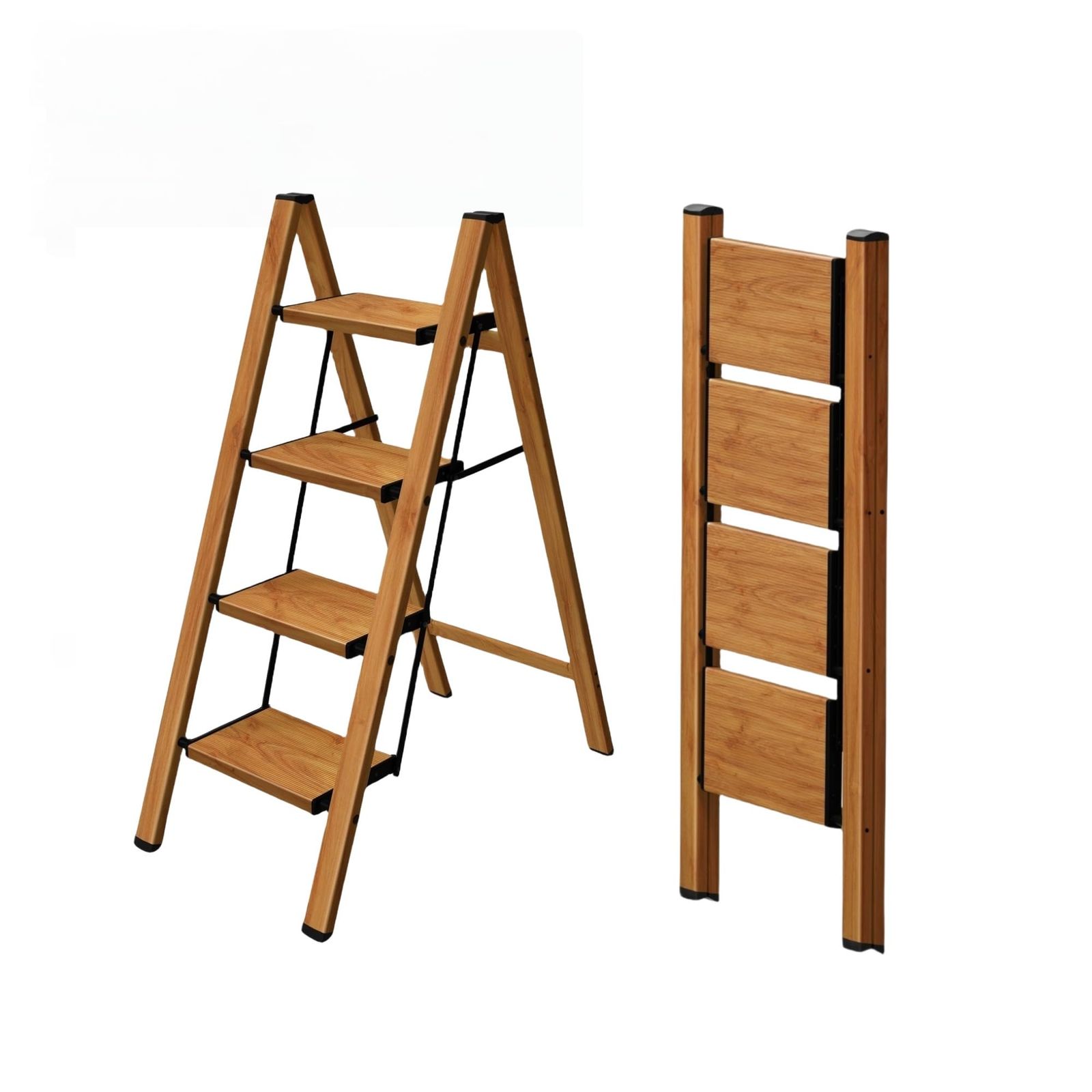 MERDIVEN 四段 木目調 折りたたみはしご 超軽量アルミ製 踏み台 幅広滑り止めステップ 耐荷重150kg 室内外兼用 洗車 掃除 引越し 家庭用 業務用 スリム収納 おしゃれデザイン 安心構造
