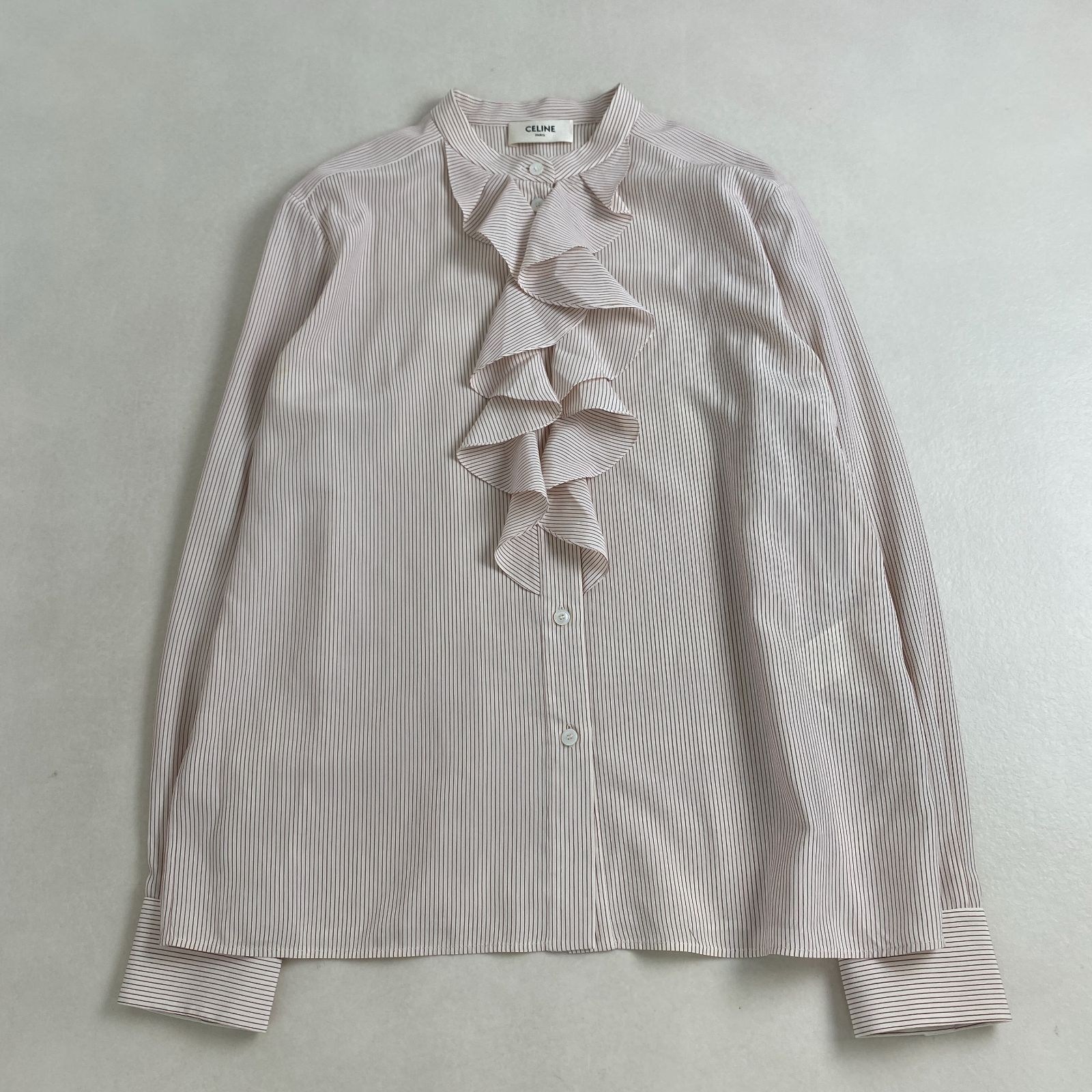美品 セリーヌ エディ期 フリル 長袖 シャツ ブラウス ストライプ セリーヌ ブラウス CELINE 現行 エディ期 フリル ストライプ 42 L XL