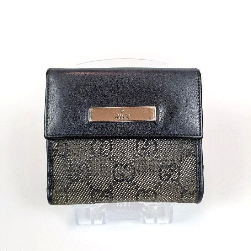良品 GUCCI グッチ 二つ折り折財布 GG柄 Wホック キャンバス レザー