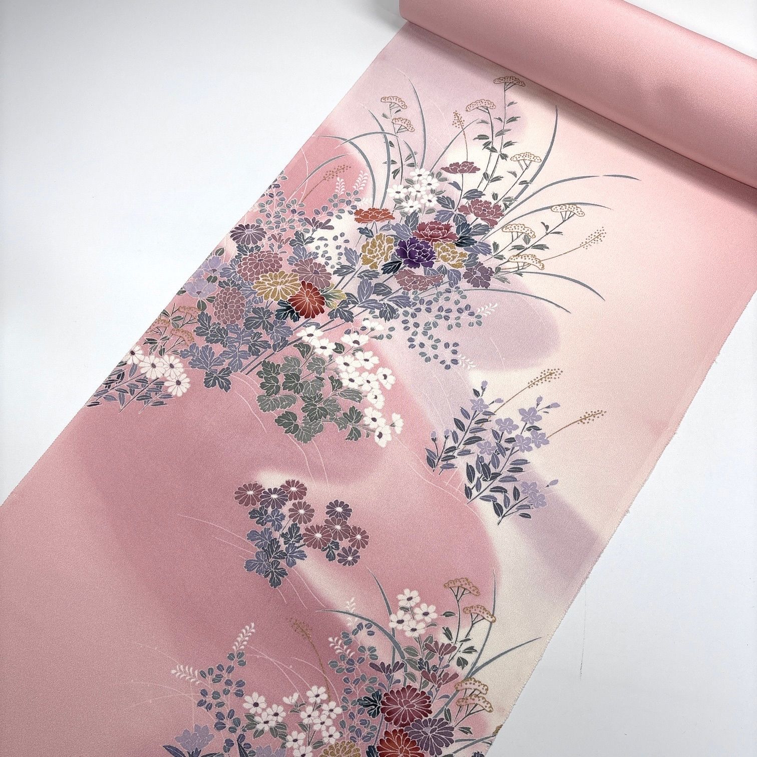 付け下げ 反物 1本 正絹 着物お 同梱 リメイク用 花柄 ピンク 和裁 11013