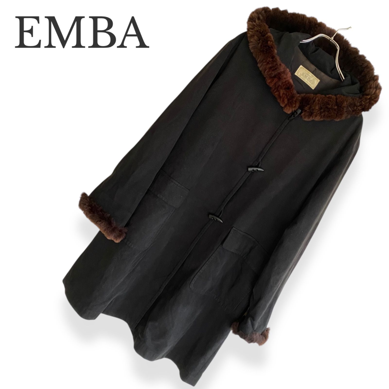 EMBA エンバ ムートンコート ブラック フード付 毛皮 キュプラ レディース ロング丈 トグルボタン NO.NG100 素材 765KZ