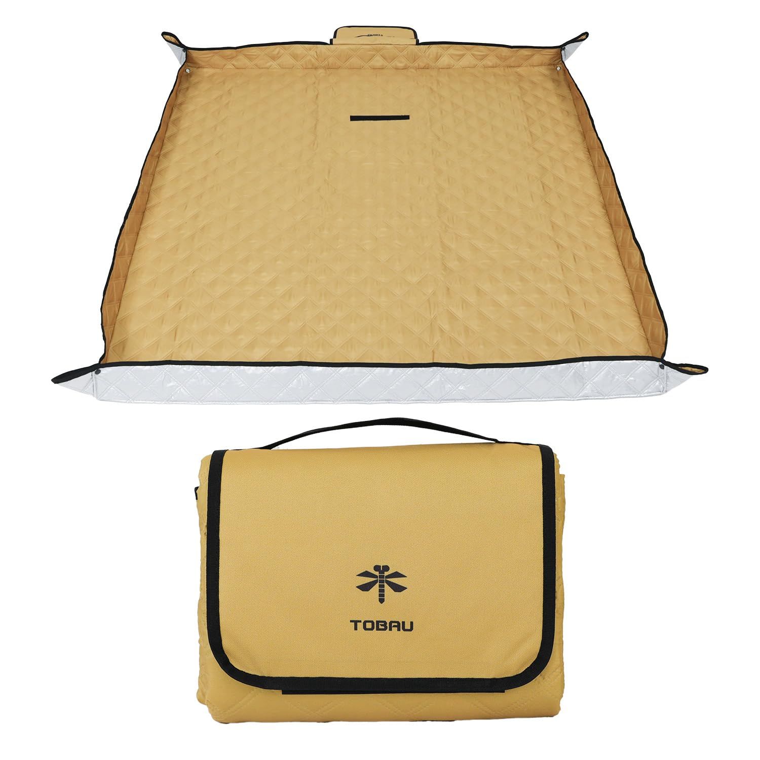 新品 [TOBAU] レジャーシート 厚手 フチ自立 140×145 大判 アルミ 防水 キルティング アウトドア インナーシート テントマット 無地 保温 (02.カーキ:145×140cm（フチ自立型）)