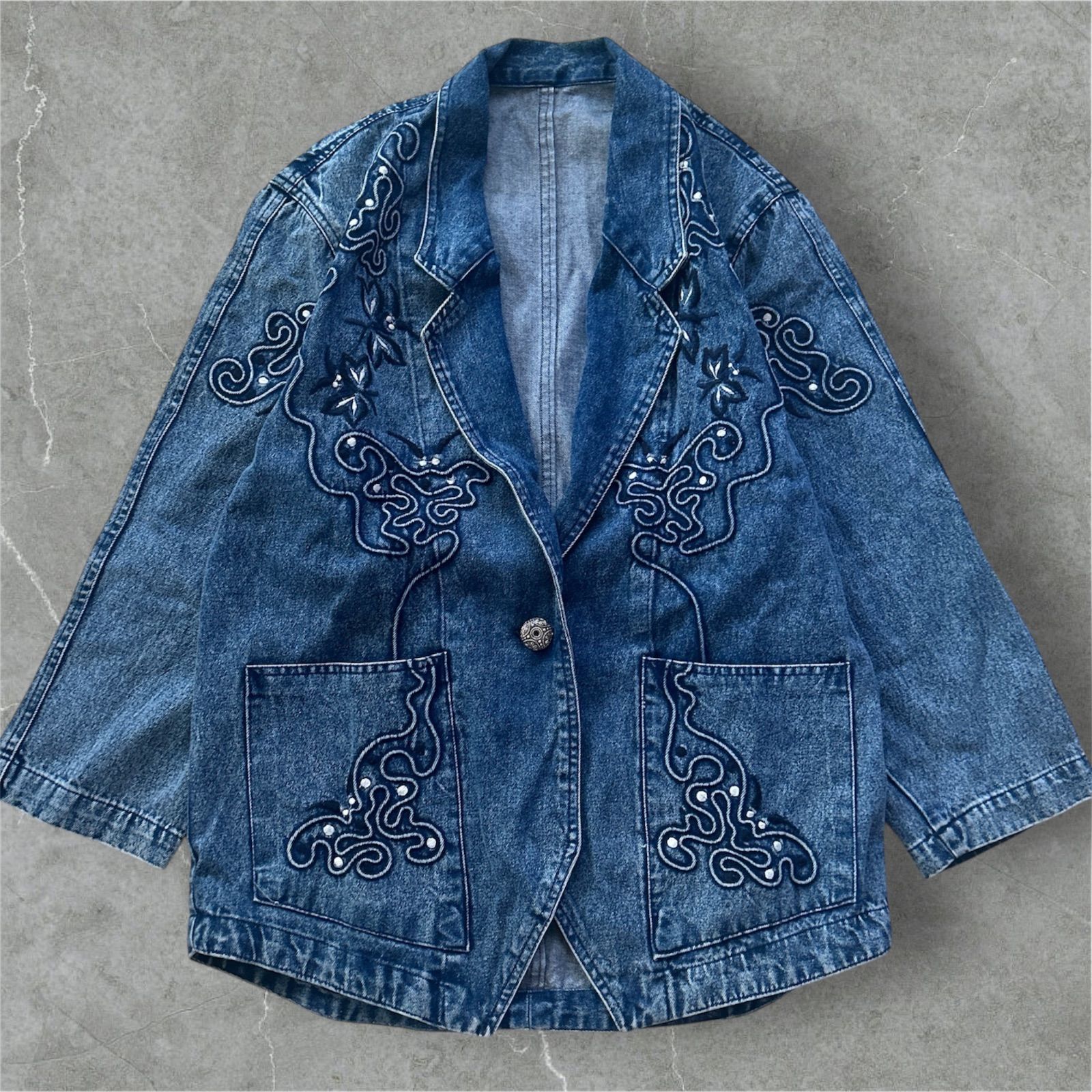 ヴィンテージ レトロ オーバーサイズ デニムジャケット カバーオール 装飾 ビッグシルエット シルバーボタン メンズ レディースどちらでも