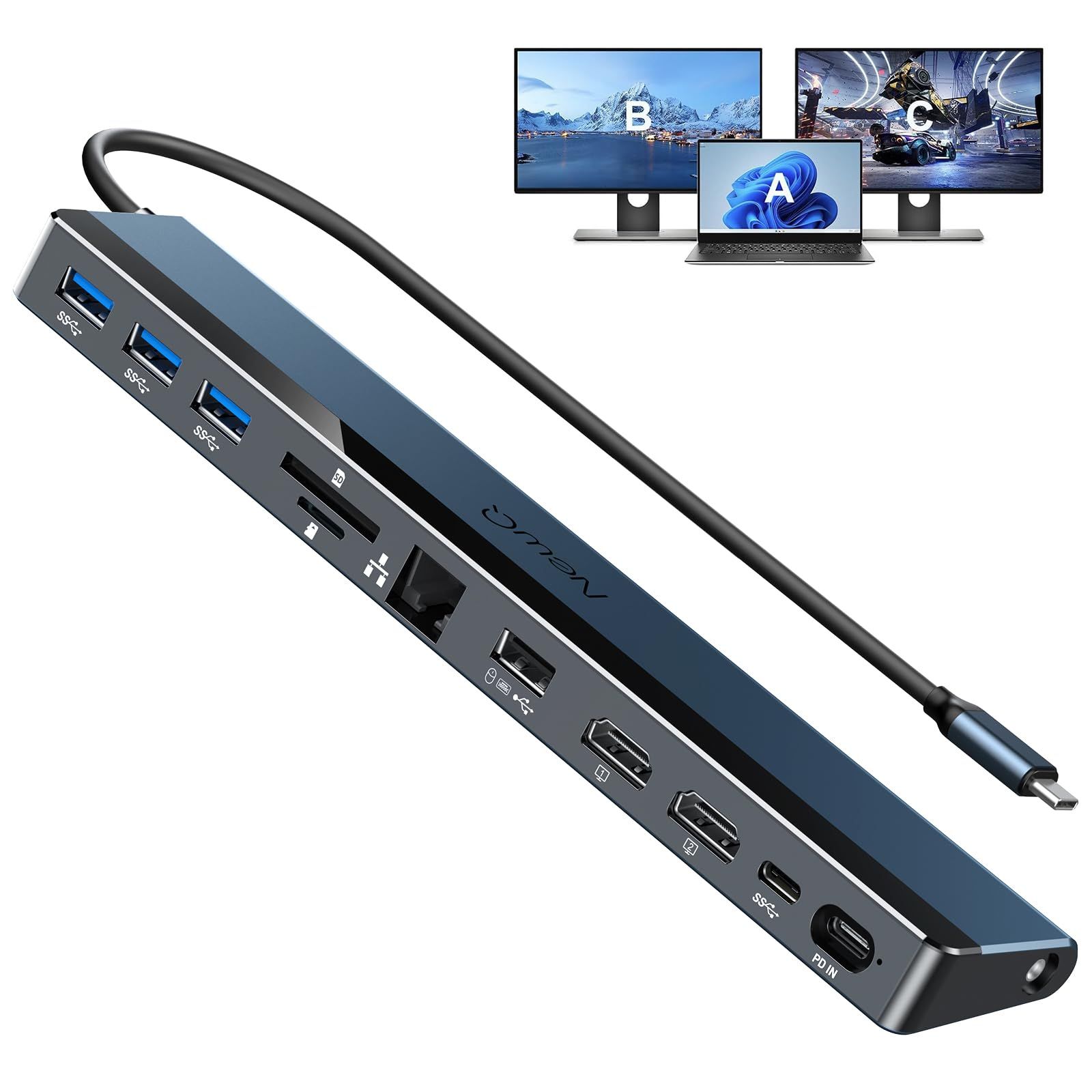 ドッキングステーション hdmi 2つ 4k NewQ 12 in 1 TypeC ハブ ラップトップ ドッキングステーション HDMI 4k 60Hz-30Hz 4 USB-A USB-C オーディオ イーサネット SD TF リーダー PD in