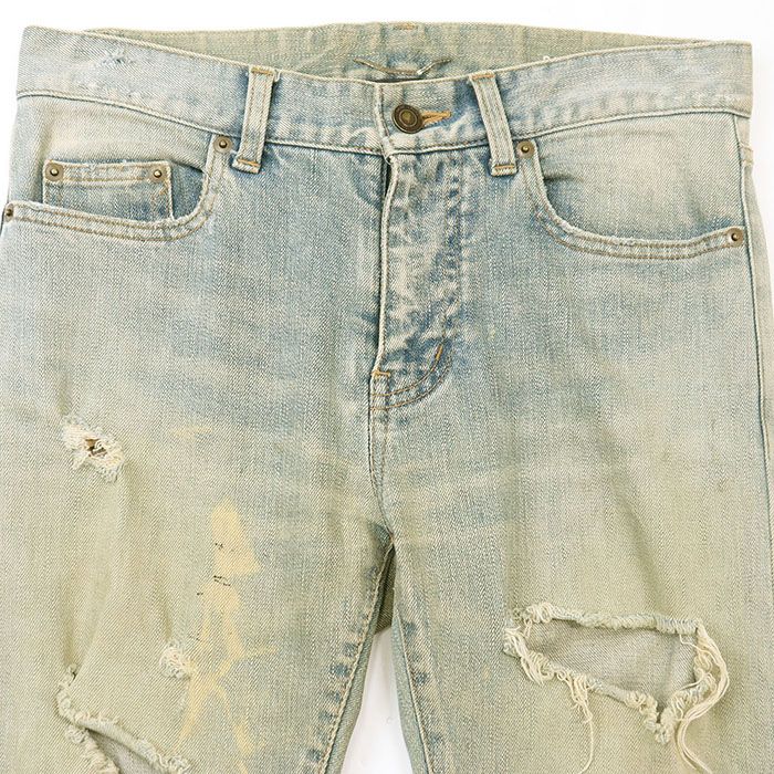 SAINT LAURENT PARIS サンローランパリ パンツ デニム 2016年製 ロゴ ボタン デストロイ ダメージ加工 ジーンズ ストレッチスキニー パンツ メンズ サイズ 28 ユーズドインディゴ