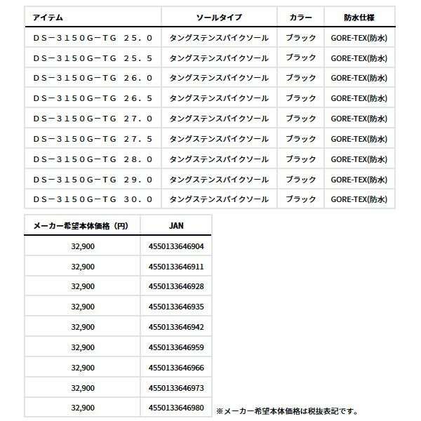  25年 新商品 ダイワ TGロックショア ゴアテックスシューズ スパイクソール DS 3150 G TG ブラック 25 0 cm フィッシングシューズ フィッシングシューズ ブーツ