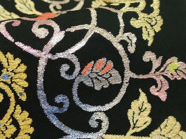 平和屋本店□最高級 龍村平蔵製 太鼓柄 本袋帯 御物平脱錦 黒地 金銀糸