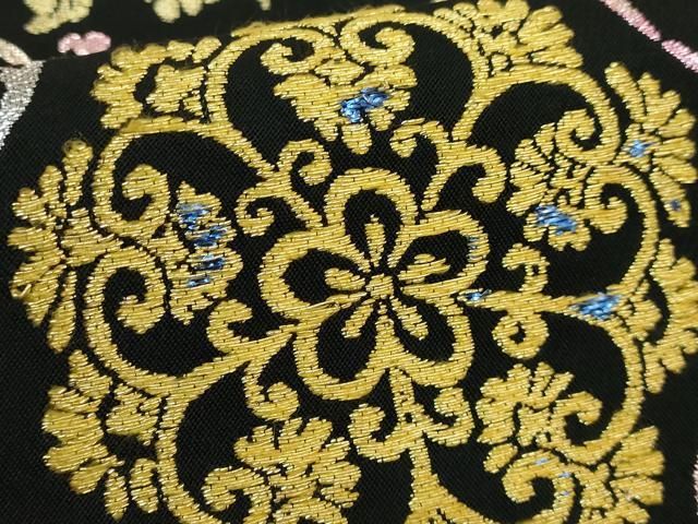 平和屋本店□最高級 龍村平蔵製 太鼓柄 本袋帯 御物平脱錦 黒地 金銀糸