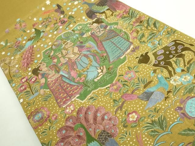 平和屋本店 上 太鼓柄袋帯 総刺繍 紬地 オリエント人物花鳥文 金糸 DZAB1464kh5