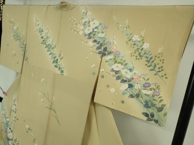 平和屋本店■極上　十日町友禅作家　阿部佳雪 　訪問着　枝花文　暈し染め　砥粉色地　逸品　DZAB1632kh5 平和屋本店□極上 十日町友禅作家 阿部佳雪 訪問着 枝花文 暈し染め 砥