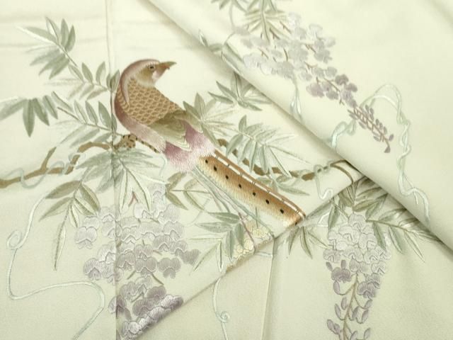 平和屋本店■極上　訪問着　総刺繍　尾長鳥　藤花房　桜色地　金糸　逸品　DZAB1678kh5 平和屋本店□極上 訪問着 総刺繍 尾長鳥 藤花房 桜色地 金糸 逸品