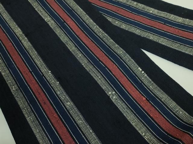 平和屋本店□極上 浦野理一 経節紬 九寸名古屋帯 間道 紺色地 逸品