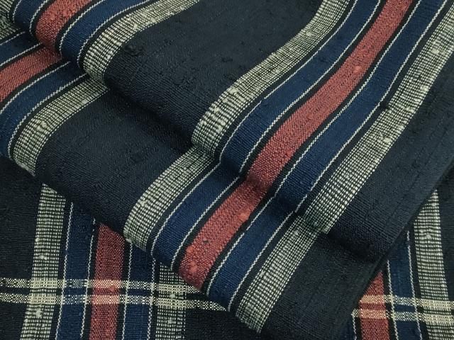 平和屋本店■極上　浦野理一　経節紬　九寸名古屋帯　間道　紺色地　逸品　DZAB1250kh5 平和屋本店□極上 浦野理一 経節紬 九寸名古屋帯 間