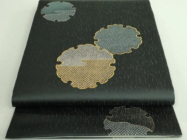 平和屋着物 上 太鼓柄袋帯 刺繍 雪輪鹿の子文 遊粋華 黒地 金銀彩 上代68万 紙タグ 反端付き DZAB0283kh5