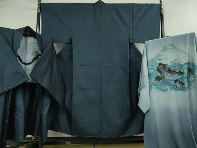 平和屋着物 上 男性 本場大島紬 アンサンブル 長襦袢 袷 長羽織セット 100亀甲 総詰め 濃藍色地 DZAB0402kh5