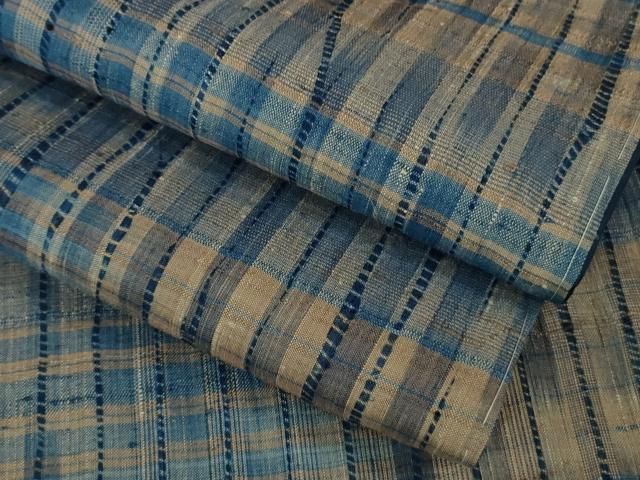 平和屋着物 上 生紬 藍 格子 DZAB0588kh5