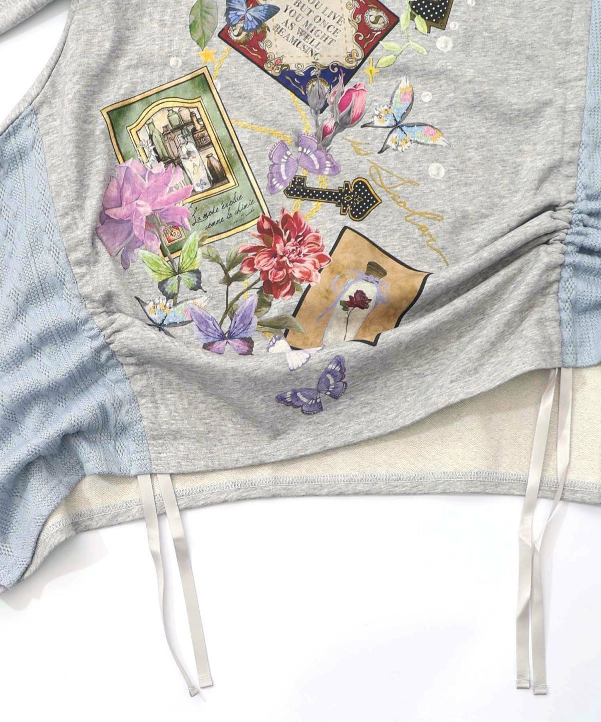 額縁×花×蝶柄 ニットソー×裏毛切替プルオーバー