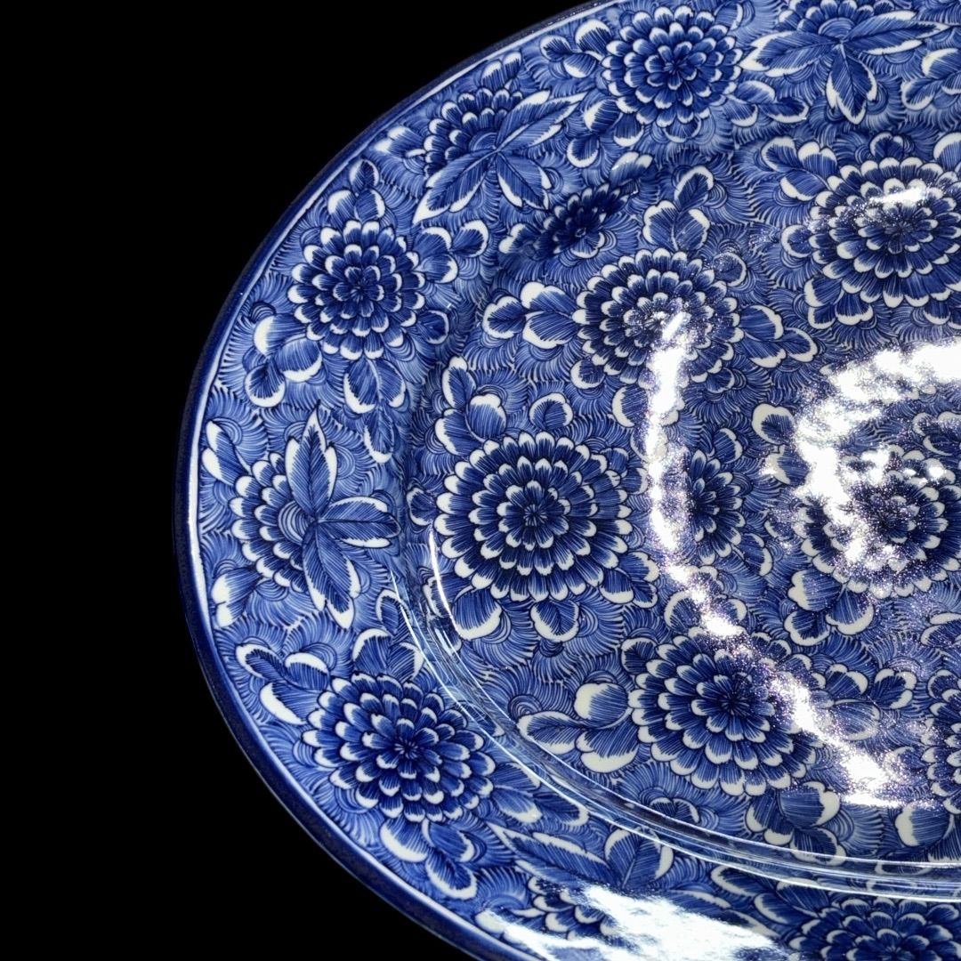 トップ 明治時代の傑作品 染付 ベロ藍 線描き 直径45.5cm 大皿