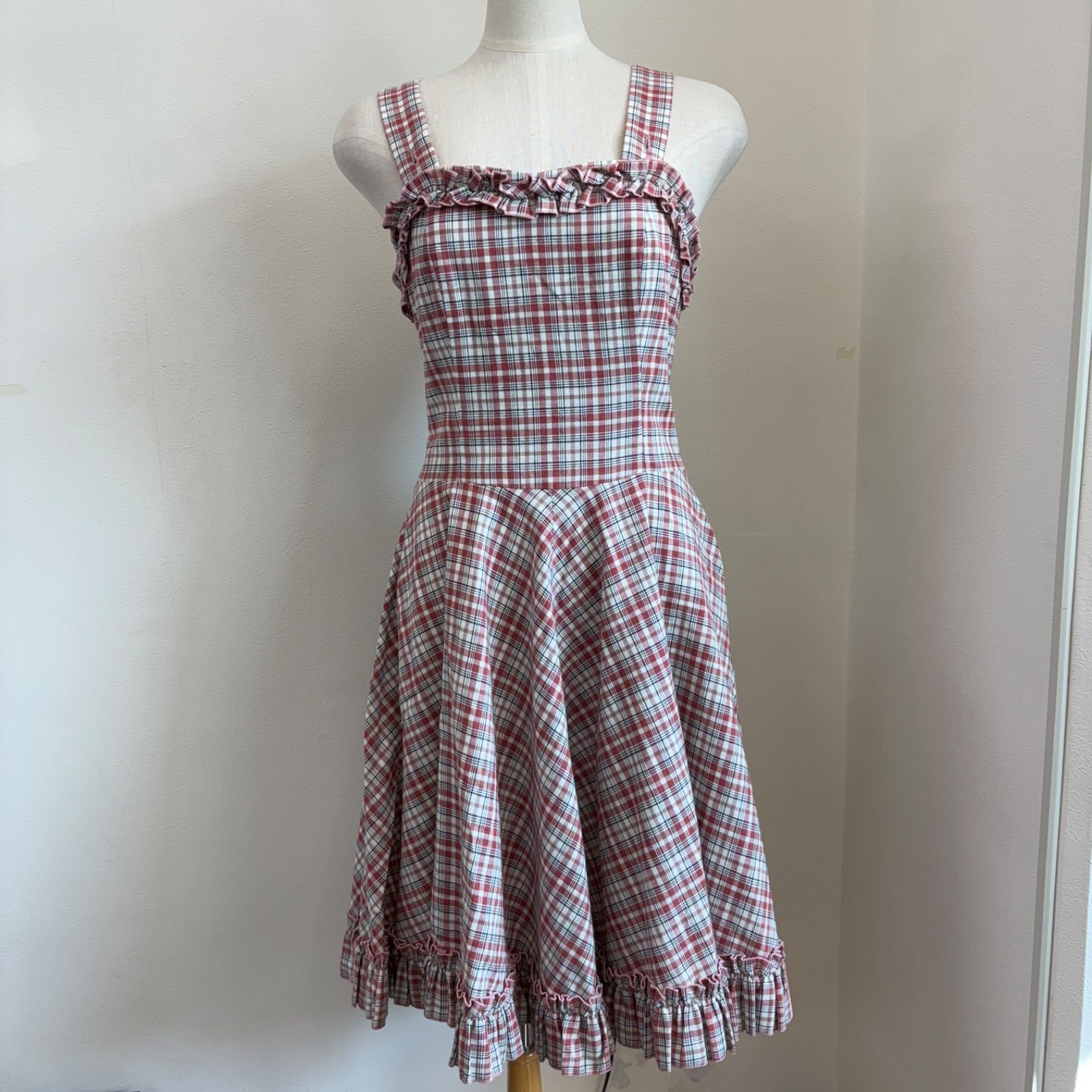 ラパンアジル ワンピース ドレス チェック 赤 フリル リボン ゴスロリ LAPIN AGILL