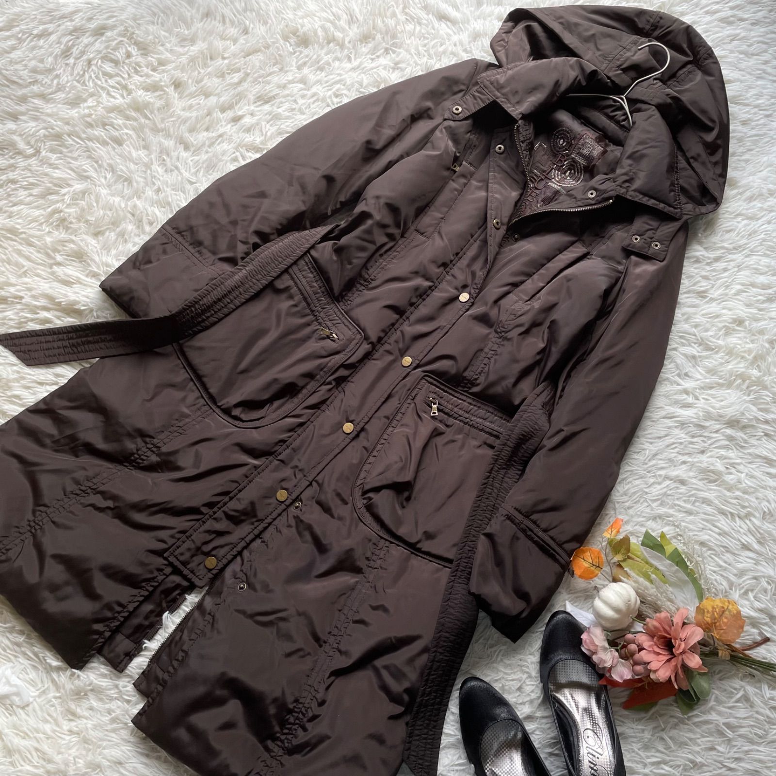 Max Mara iBLUES マックスマーラー イーブルス 2wayロングダウンコート Aライン ベルト フード 茶色 42 大きいサイズ