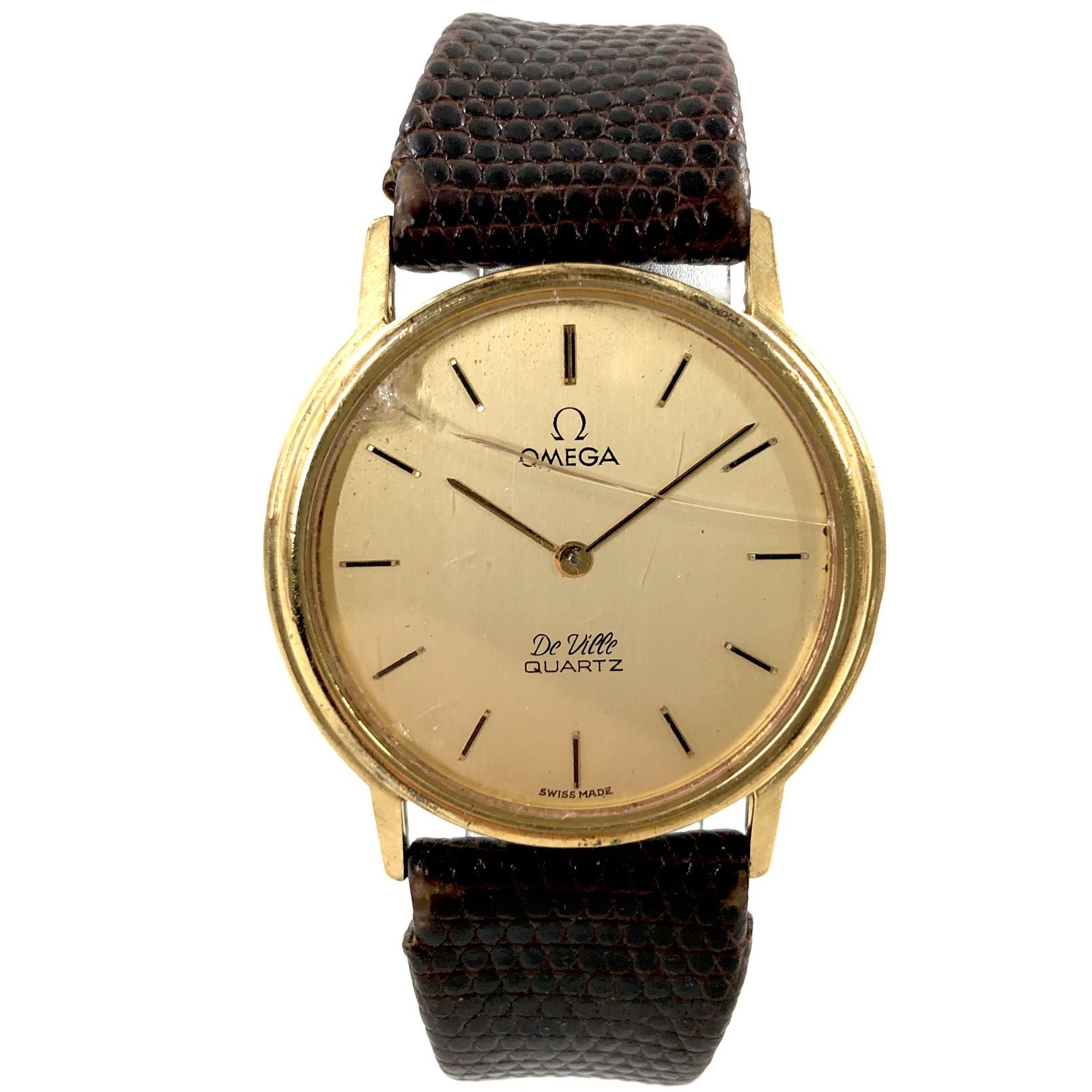 OMEGA オメガ DeVilla デヴィル 革 QZ ゴールド文字盤 レディース腕時計 PF-359