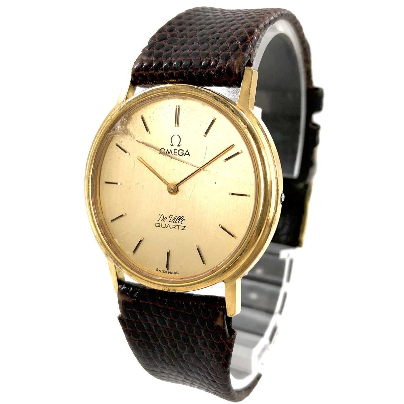 OMEGA オメガ DeVilla デヴィル 革 QZ ゴールド文字盤 レディース腕時計 PF-359