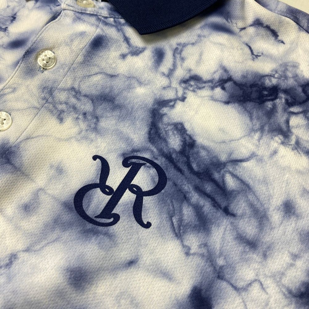 サイズ：L RESURRECTION レザレクション 半袖ポロシャツ 総柄 ネイビー