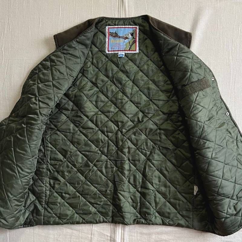 90 s MADE IN ENGLAND イングランド製 Bronte ブロンテ グリーンチェック柄 ツイード 肩ベロア調生地切り替え ハンティングベスト スナップボタン留め 裏地キルティング XL Tweed Hunting Vest