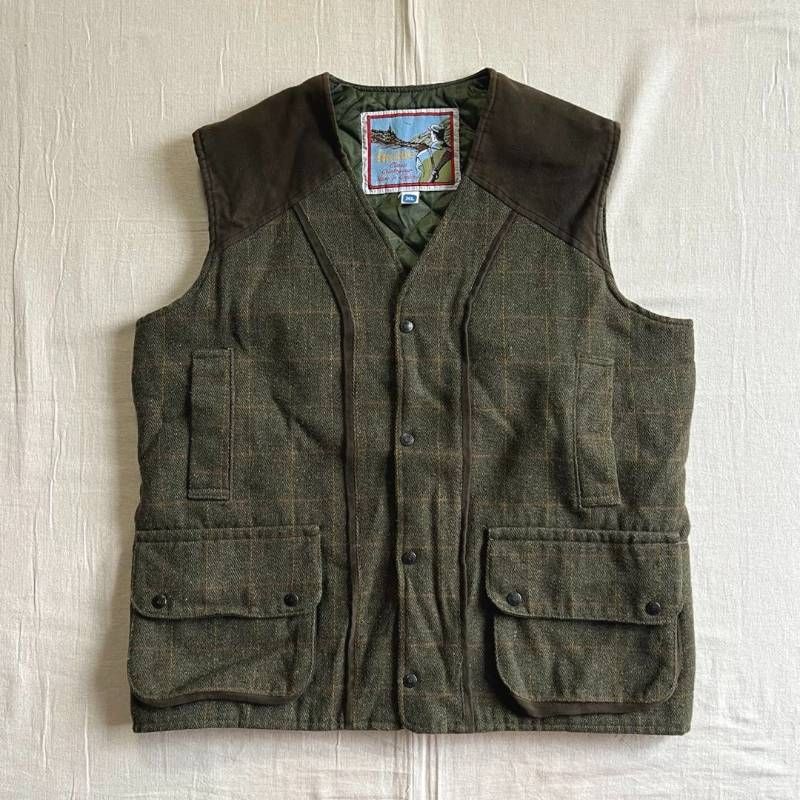 90s MADE IN ENGLAND イングランド製 Bronte ブロンテ グリーンチェック柄 ツイード 肩ベロア調生地切り替え ハンティングベスト スナップボタン留め 裏地キルティング XL Tweed Hunting Vest