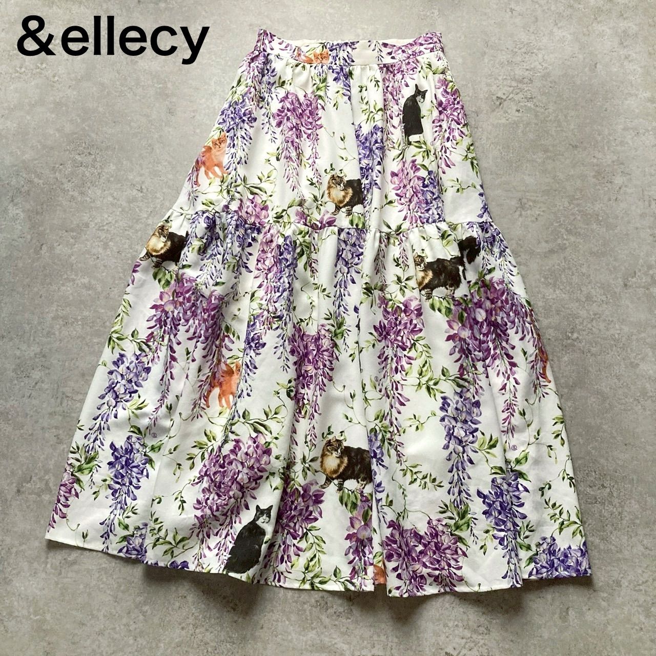 ねこ×藤 品 ＆ellecy アンドエルシー 猫柄 ネコ 花柄 ティアード ロングスカートフ 白 ホワイト パープル Mサイズ 春夏 お出かけ デート