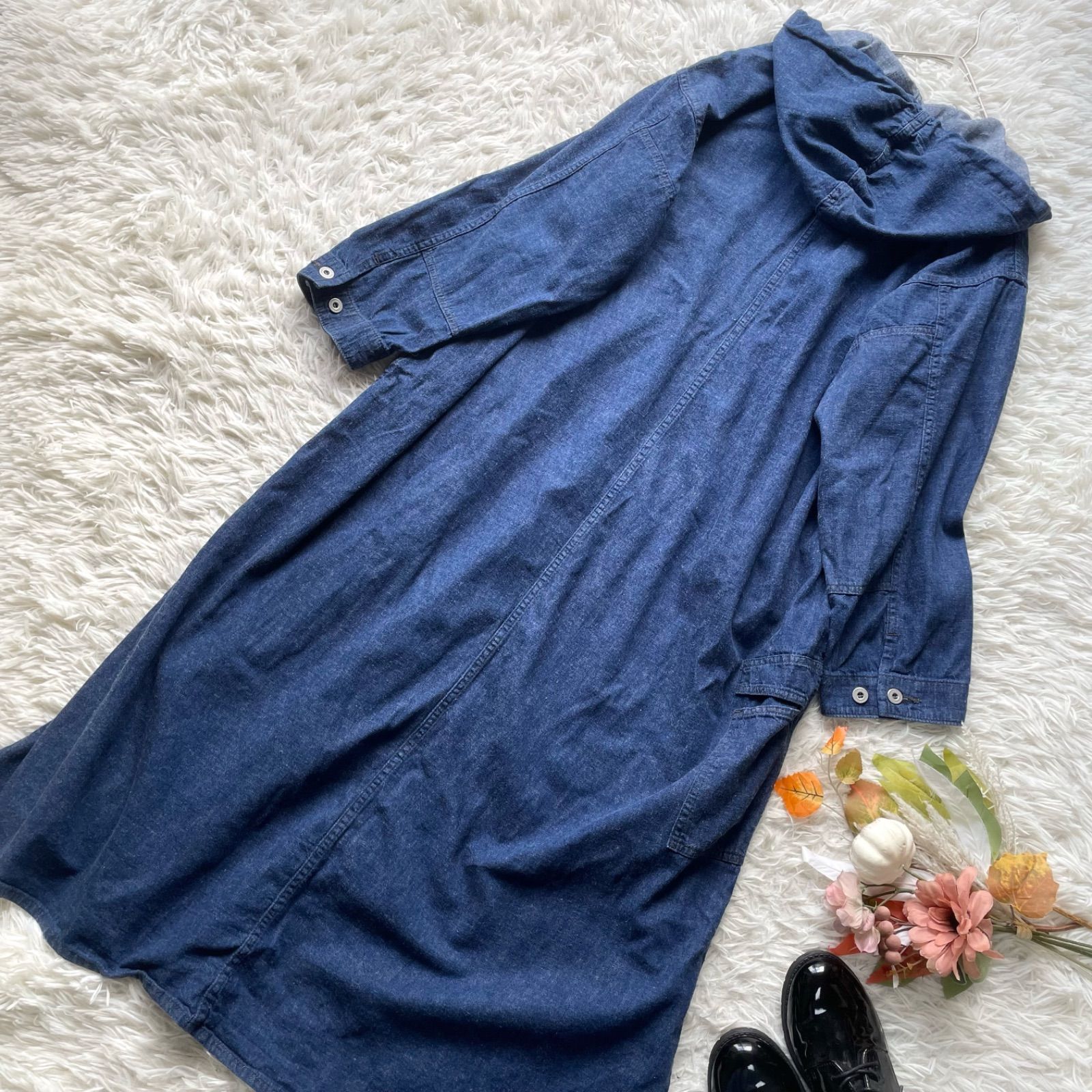 ビームスボーイ オアスロウ orSlow × BEAMS BOY 別注 デニムプルオーバーワンピース マキシ丈 ロング フード フーデット オーバーサイズ 長袖 ゆったり 定価31460