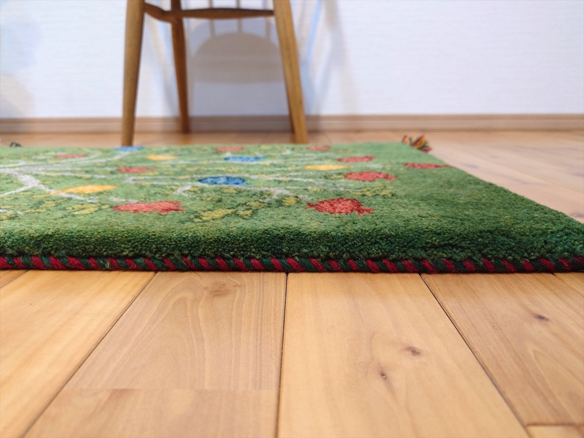 ペルシャ ギャッベ 玄関マット ラグ 85x57㎝ 緑色 ザクロの木 RJ14918