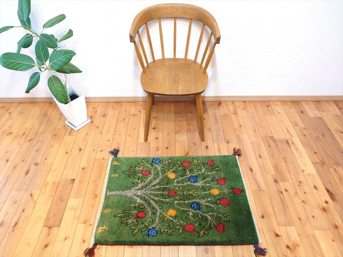 ペルシャ ギャッベ 玄関マット ラグ 85x57㎝ 緑色 ザクロの木 RJ14918