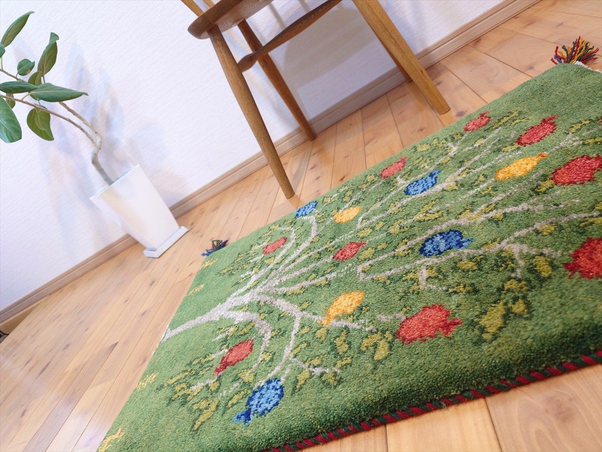 ペルシャ ギャッベ 玄関マット ラグ 85x57㎝ 緑色 ザクロの木 RJ14918