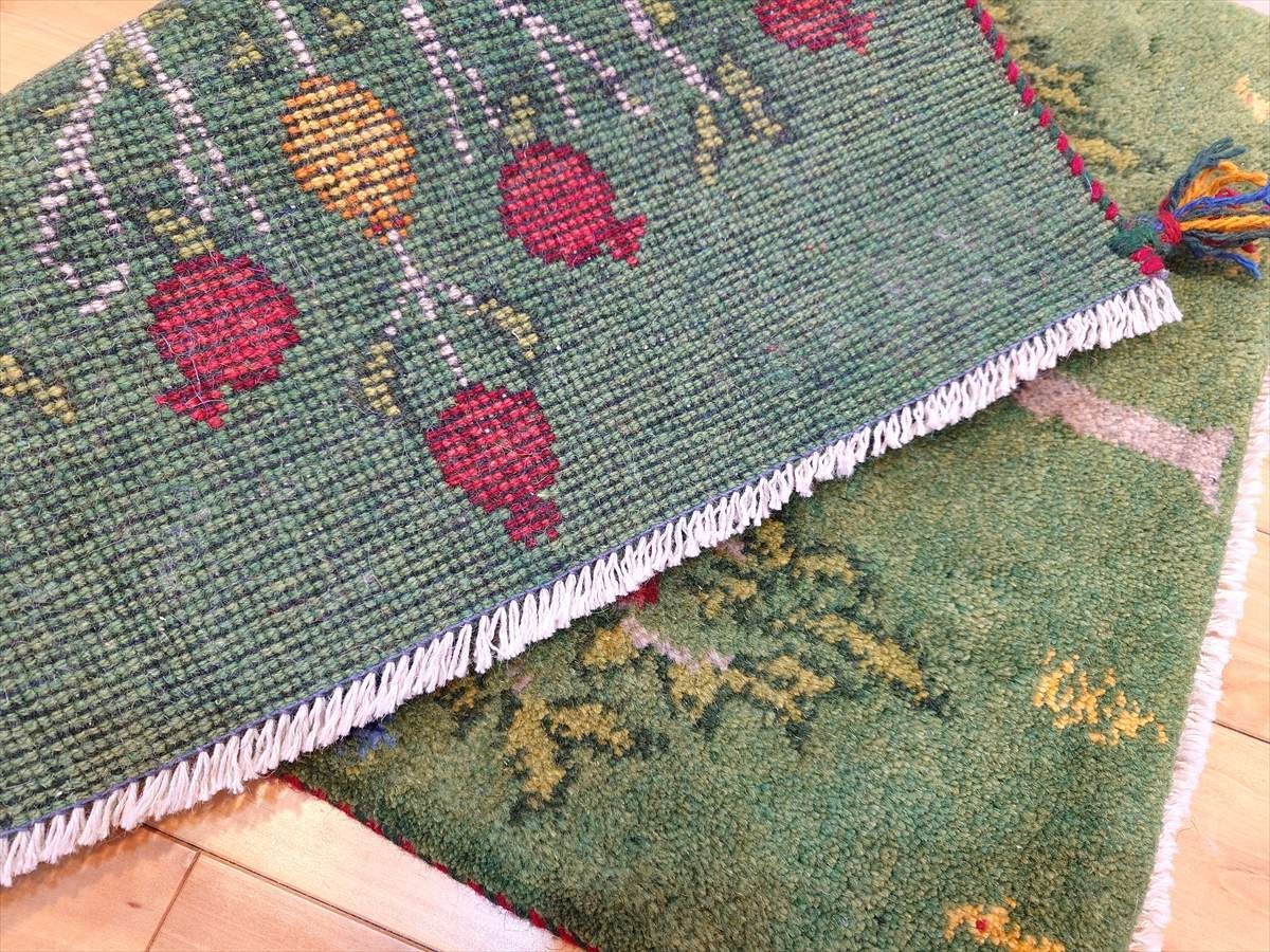 ペルシャ ギャッベ 玄関マット ラグ 85x57㎝ 緑色 ザクロの木 RJ14918