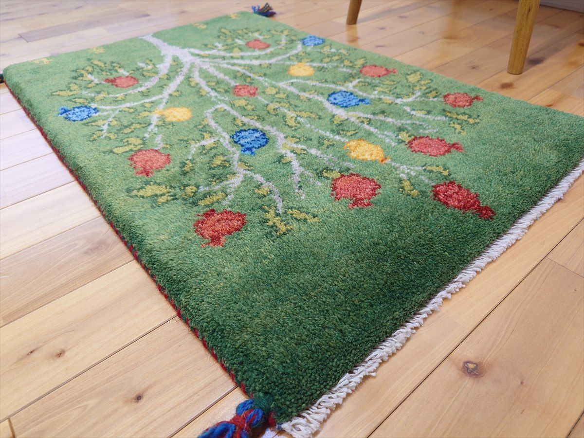 ペルシャ ギャッベ 玄関マット ラグ 85x57㎝ 緑色 ザクロの木 RJ14918