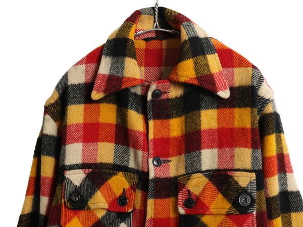なクーポン配布中! 40s ブロック チェック ウール シャツ ジャケット メンズ L 程 ヴィンテージ 4ポケット ボックス ブルゾン ヘビーウェイト マルチ