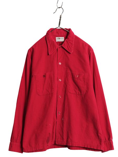 なクーポン配布中! 70s MacPhergus 細畝 コーデュロイ シャツ メンズ L 古着 ヴィンテージ 雰囲気系 ボックス 長袖シャツ ポケット付き コットン 赤 無地