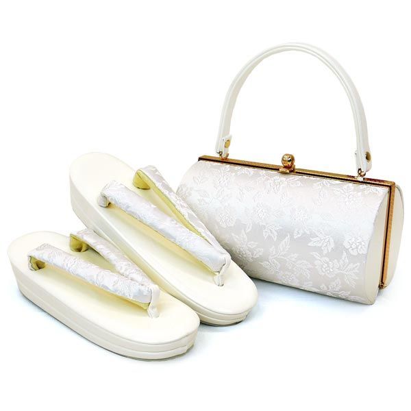 Lサイズ 振袖用 草履バッグセット zb-029 二枚芯 成人式 振袖 訪問着 付下 小紋 ホワイト 白 シルバー 沖縄県 離島は 京都うさぎ堂
