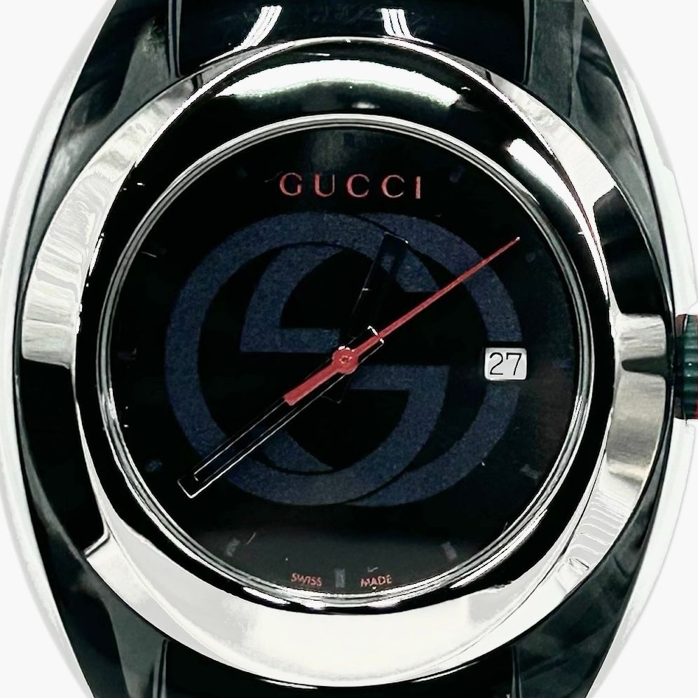 グッチ 腕時計 メンズ SYNC シンク 電池式 ウォッチ 137.1 シェリーライン ロゴ GUCCI YA137101 クオーツ ステンレススチール ラバー ブラック 黒 品
