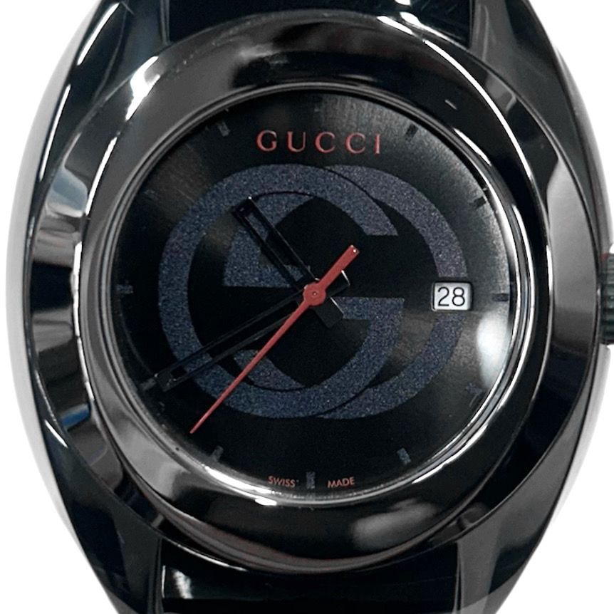 グッチ 腕時計 メンズ SYNC シンク 電池式 ウォッチ 137 1 シェリーライン ロゴ GUCCI クオーツ ステンレススチール ラバー ブラック 黒 品