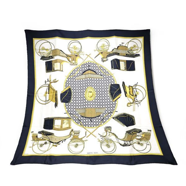 【楠本質店/元住吉】HERMES/エルメス　スカーフ カレ90「Les Voitures A Transformation」　ブラック×ゴールド【中古】 楠本質店/元住吉】HERMES/エルメス スカーフ カレ90「Les Voitures A