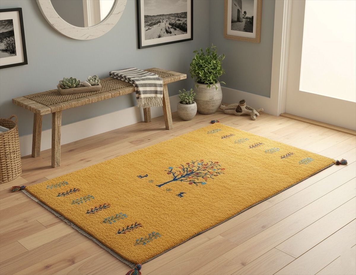 ペルシャ ギャッベ マット大 ラグ 122x86cm 黄金色 ザクロの木 ヤギ 生命の木 RJ16161